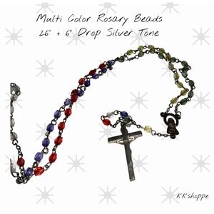 Vintage Multicolor Rosary‎ 26" +6" Drop Silver Tone Faceted Beads Catholic